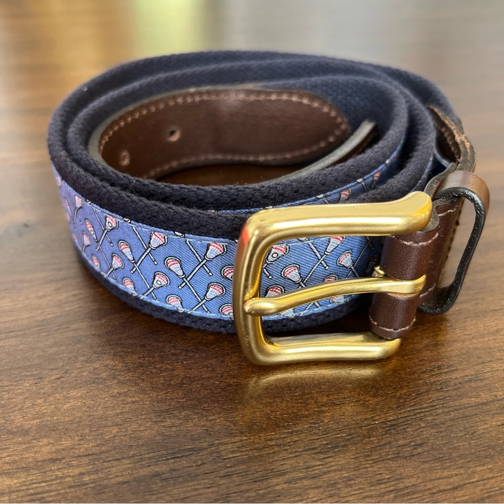 Vineyard Vines Mens Lacrosse Sticks Canvas Club Belt Brown Leather Brass Size 38